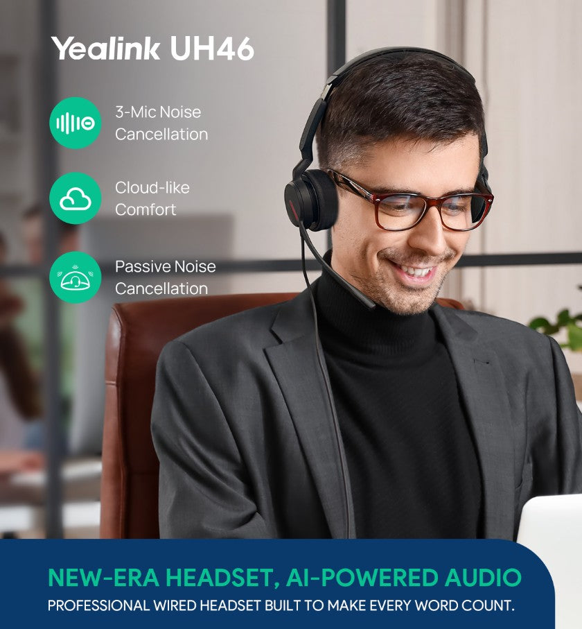 Yealink UH46 Dual UC USB-C A Unified  Communications  USB  Wired  Headset 3-Noise-Canceling Microphones 35mm Speaker Busylight Leather Controller