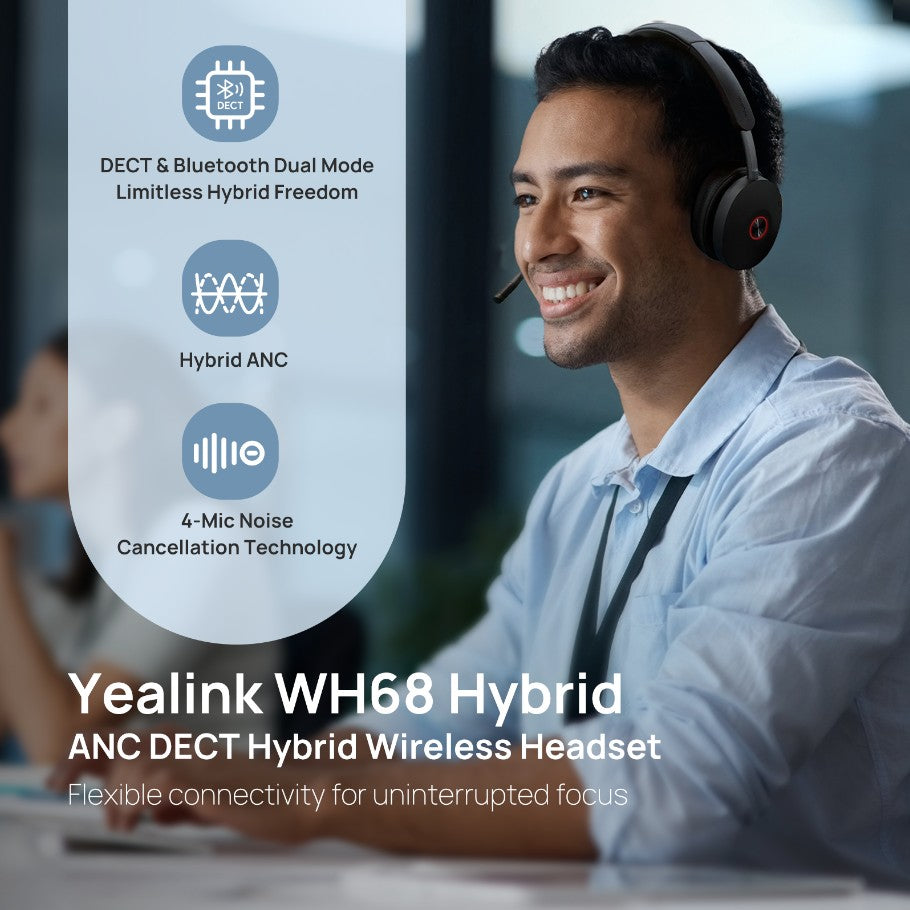 Yealink WH68 Dual Teams Hybrid  DECT  Bluetooth Hybrid Wireless Technology, 4-Mic Hybrid ANC, 4-Mic Noise Cancellation, All-Day-Wearing Comfort WDD60