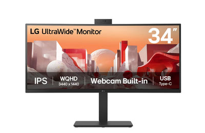 LG 34 ft UltraWide webcam WQHD (3440x1440) Curved IPS display with Built-in FHD webcam, USB Type-C (PD 90w) RJ 45,  2 x speakers Monitor