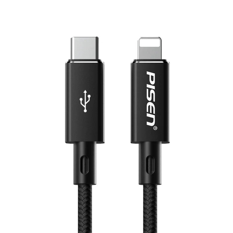 Pisen Braided Lightning to USB-C PD Fast Charge Cable (1M) Black - Support 3A, Anti-Breaking, Reinforced  More Durable, Apple iPhone iPad MacBook