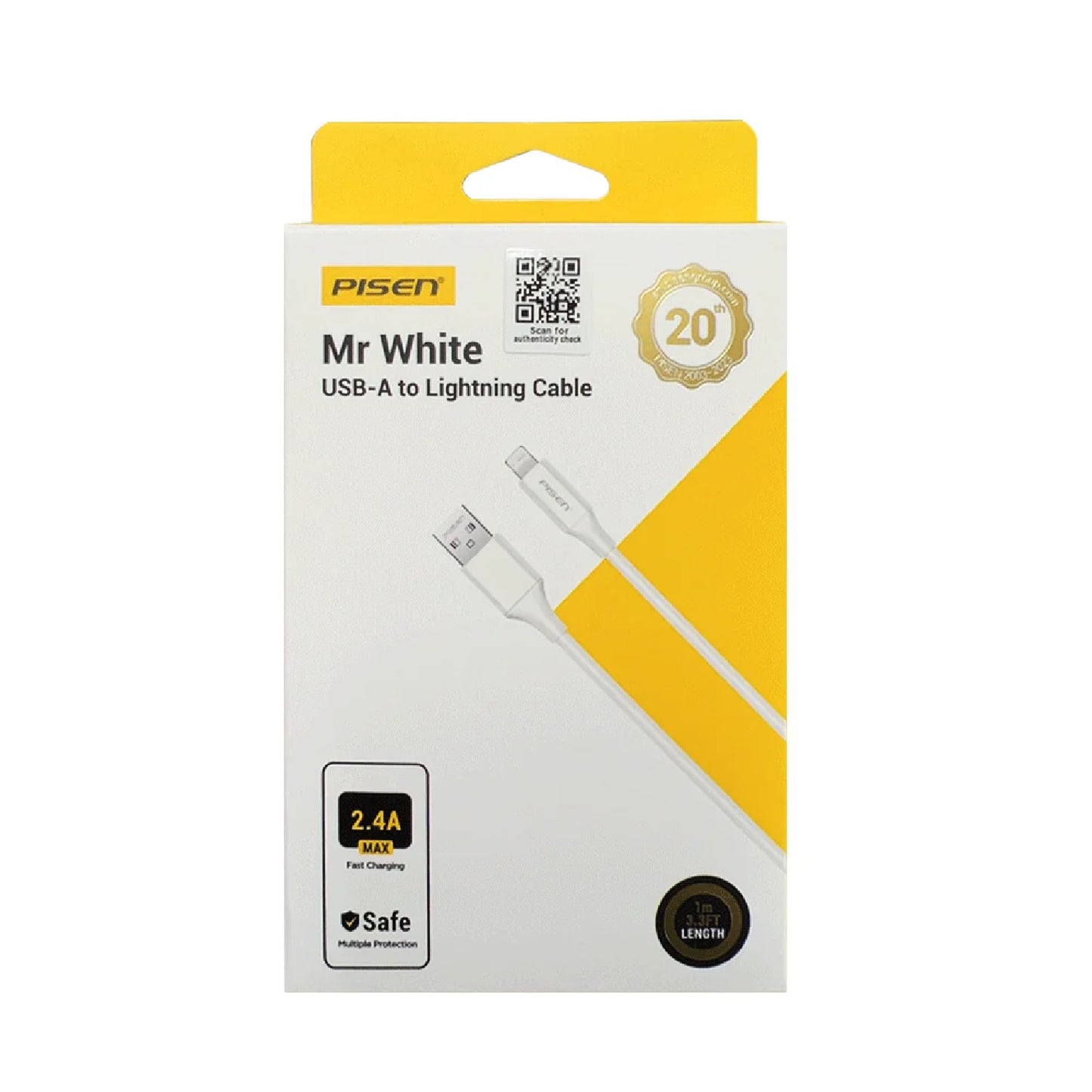 Pisen Mr White Lightning to USB-A Cable (1M) White - Fast Charge 2.4A, Stretch-Resistant, Reinforced, Strong  Durable, Apple iPhone iPad MacBook