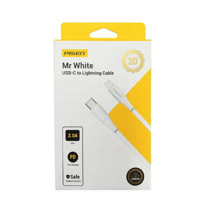 Pisen Mr White Lightning to USB-C PD Fast Charge Cable (1M) White - Support Charge 3A, Stretch-Resistant, Reinforced,Durable,Apple iPhone iPad MacBook