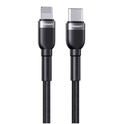 Pisen Braided Lightning to USB-C PD Fast Charge Cable (2M) Black-Supports 3A,Reinforced Wire Treatment for Damage Resistance,Apple iPhone iPad