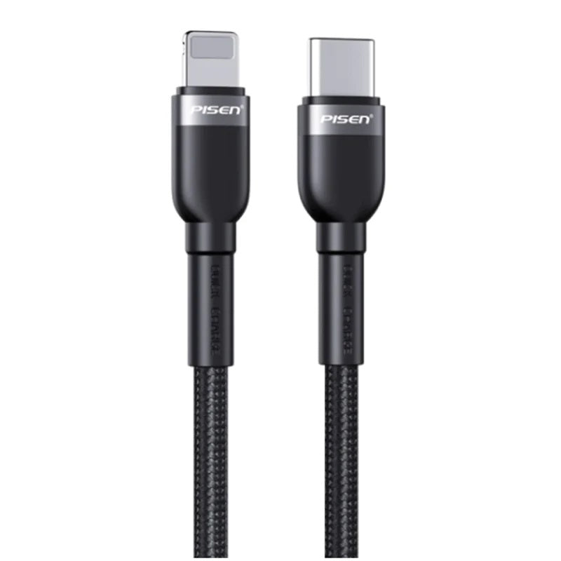 Pisen Braided Lightning to USB-C PD Fast Charge Cable (2M) Black-Supports 3A,Reinforced Wire Treatment for Damage Resistance,Apple iPhone iPad