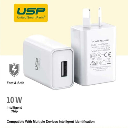 USP 10W USB-A Fast Wall Charger White - Intelligent Chip, Smart Charging, Output Voltage DC5V 3A, Output Current 2A max, Charge Your Phones  Tablets