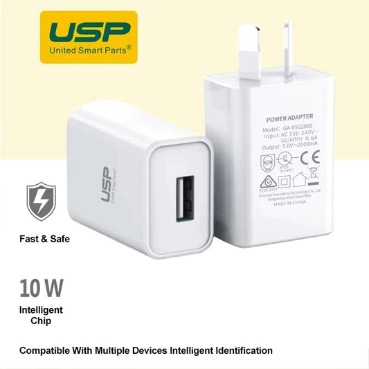 USP 10W USB-A Fast Wall Charger White - Intelligent Chip, Smart Charging, Output Voltage DC5V 3A, Output Current 2A max, Charge Your Phones  Tablets