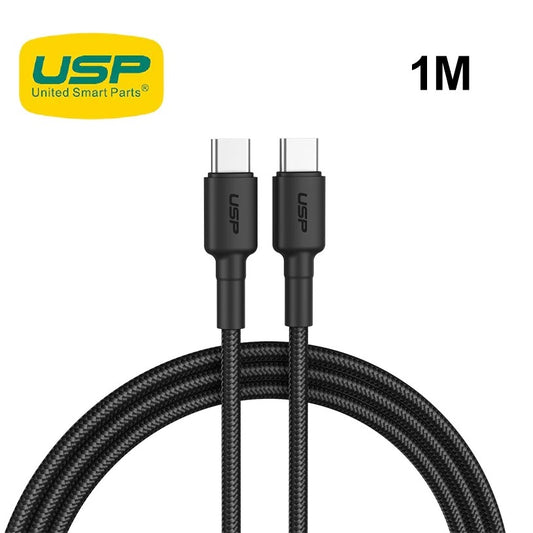 USP BoostUp Braided USB-C to USB-C Cable (1M) Black -3A Fast  Safe Charge,Strong  Durable,Samsung Galaxy,Apple iPhone,iPad,MacBook,Google,OPPO,Nokia