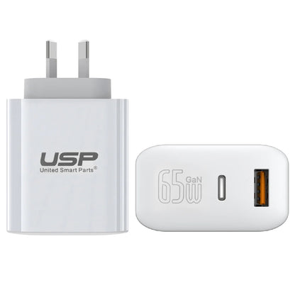 USP Dual Port PD 65W GaN Fast Wall Charger USB-C  USB-A for Phone Laptop, Intelligent,Travel Ready,PPS Technology