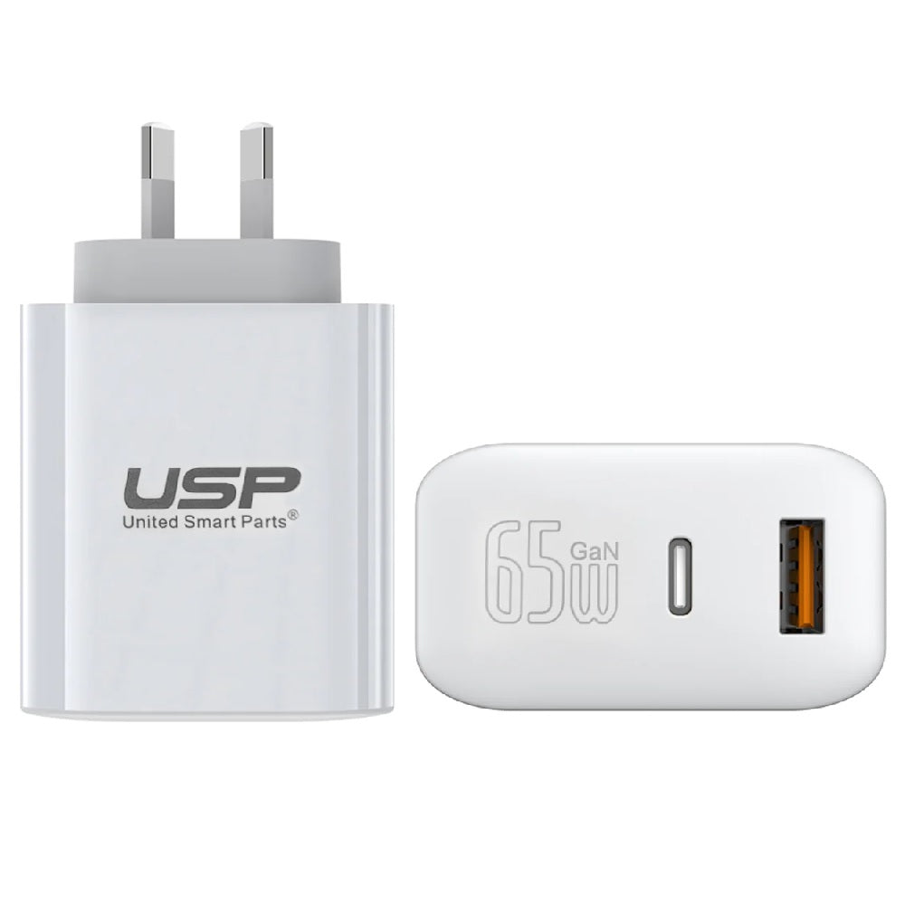 USP Dual Port PD 65W GaN Fast Wall Charger USB-C  USB-A for Phone Laptop, Intelligent,Travel Ready,PPS Technology