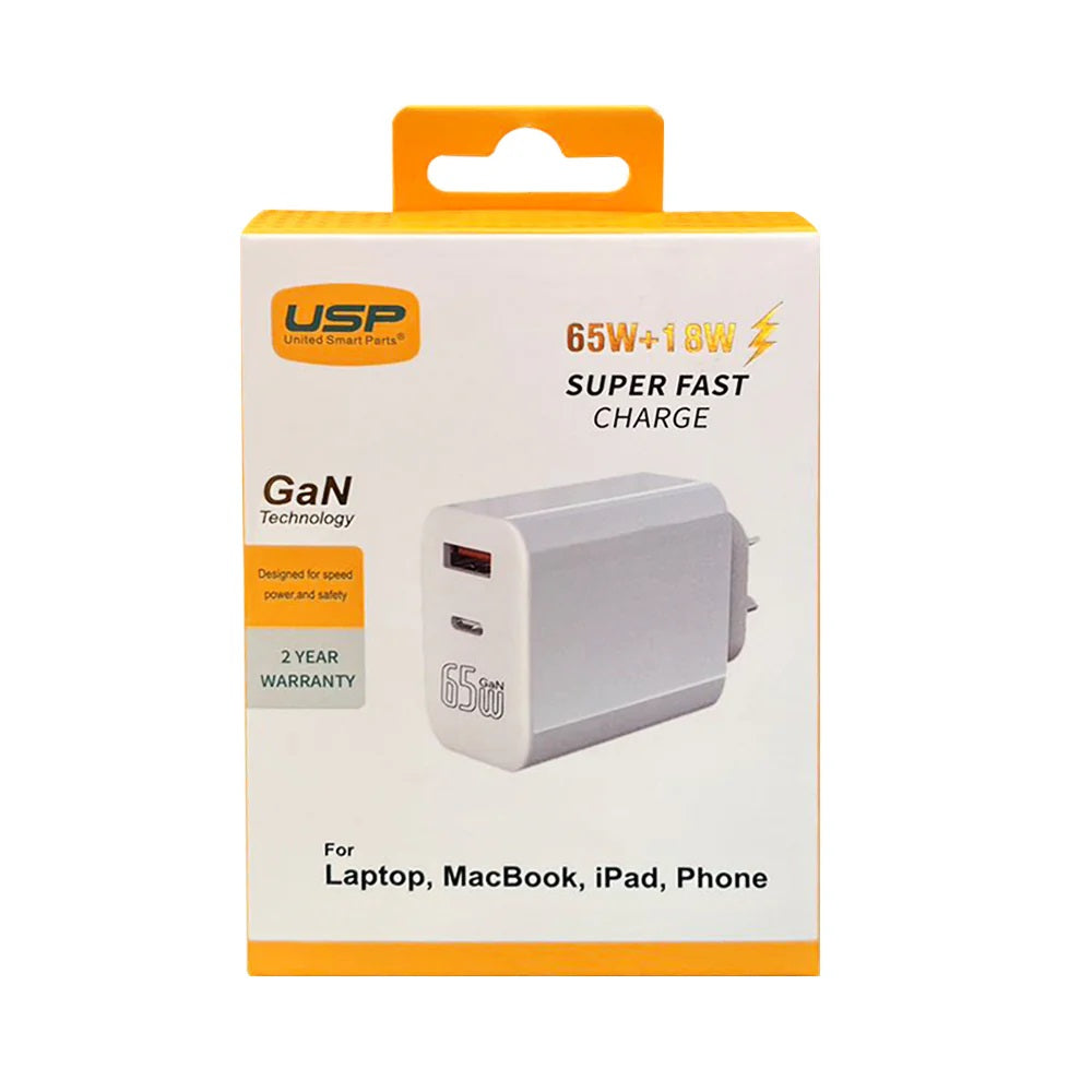USP Dual Port PD 65W GaN Fast Wall Charger USB-C  USB-A for Phone Laptop, Intelligent,Travel Ready,PPS Technology