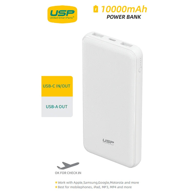USP 10K mAh Power Bank (37W) with Triple Ports (USB-C  Dual USB-A) White - LED Power Indicator,Fast  Safe,Intelligent Charging,Meet Airport Aviation