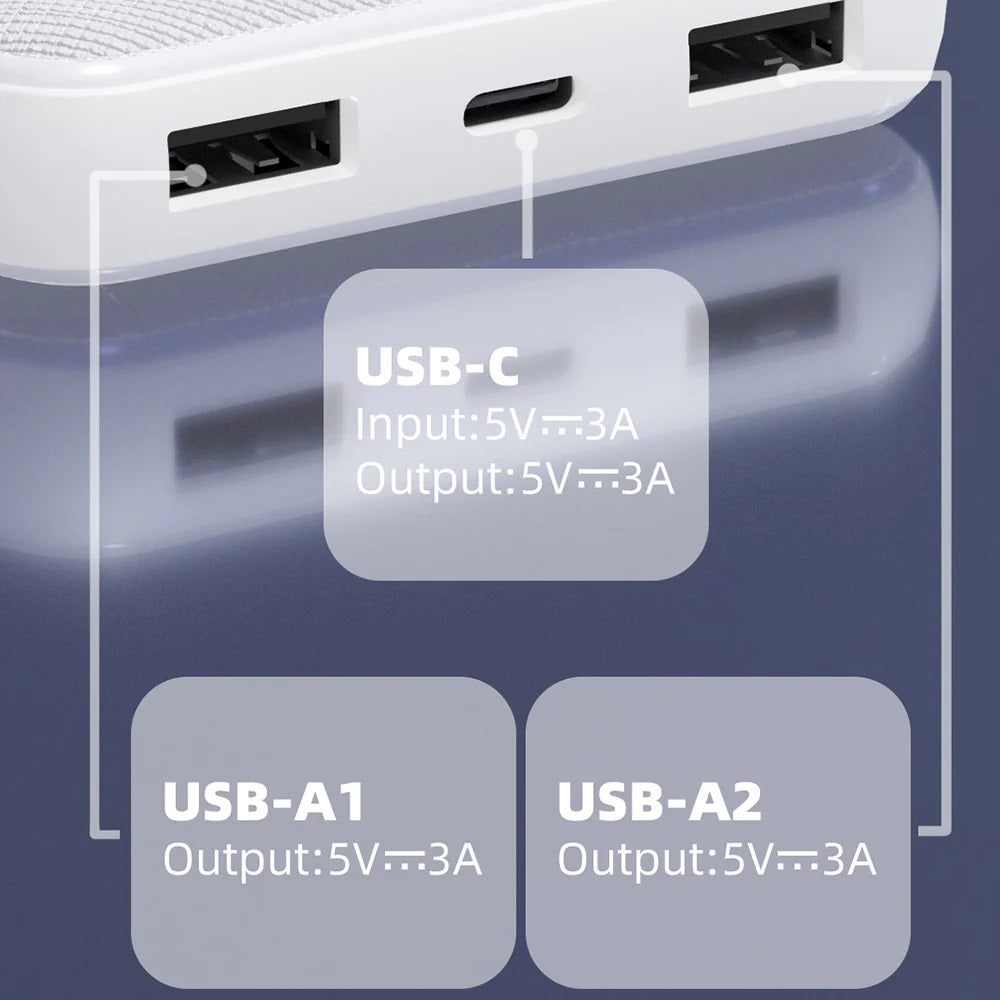 USP 10K mAh Power Bank (37W) with Triple Ports (USB-C  Dual USB-A) White - LED Power Indicator,Fast  Safe,Intelligent Charging,Meet Airport Aviation