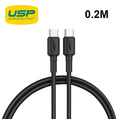 USP BoostUp Braided USB-C to USB-C Cable (20cm) Black-3A 60W, Fast  Safe Charge,Strong  Durable,Samsung Galaxy,Apple iPhone,iPad,MacBook,Google,OPPO