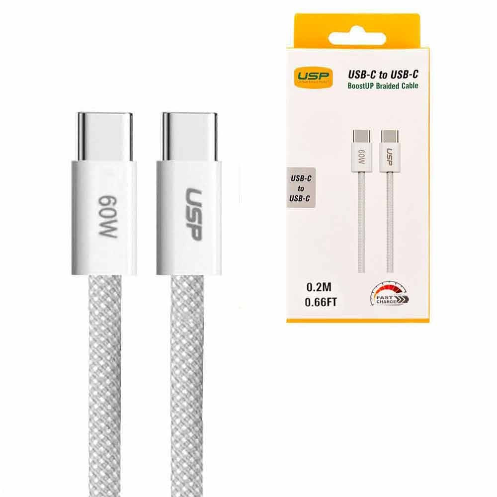 USP Braided USB-C to USB-C PD 60W High Density Fast Charge Cable (20cm) White - 3A Fast  Safe Charge,Strong  Durable,Samsung Galaxy,Apple iPhone