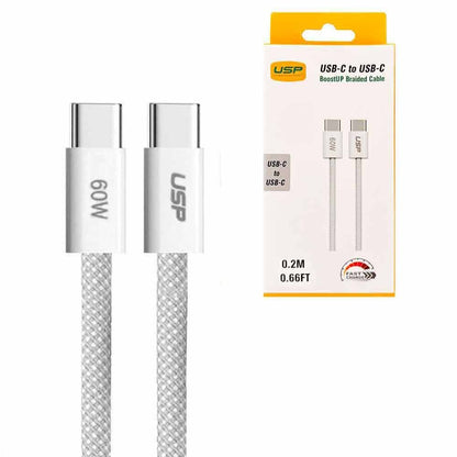 USP Braided USB-C to USB-C PD 60W High Density Fast Charge Cable (20cm) White - 3A Fast  Safe Charge,Strong  Durable,Samsung Galaxy,Apple iPhone