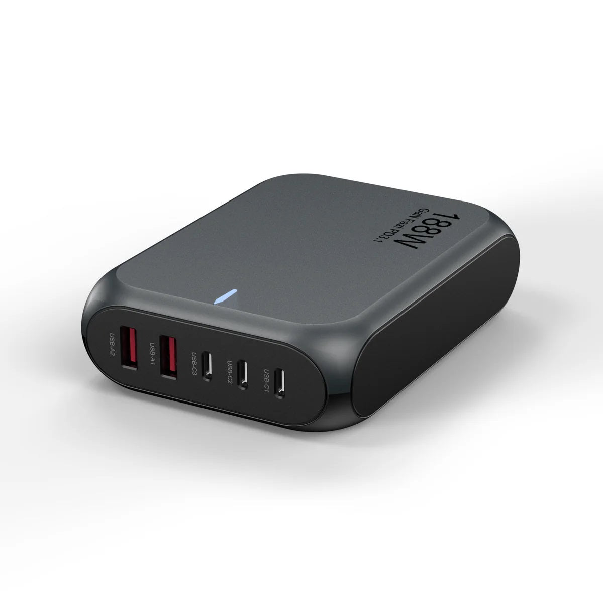 USP 188W Five Ports USB-C PD GaN Wall Charger Black - 3x USB-C, 2x USB-A, Efficient, High Quality, Tablet, Laptop,Watch, iPhone, Samsung Galaxy