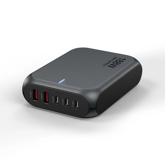 USP 188W Five Ports USB-C PD GaN Wall Charger Black - 3x USB-C, 2x USB-A, Efficient, High Quality, Tablet, Laptop,Watch, iPhone, Samsung Galaxy