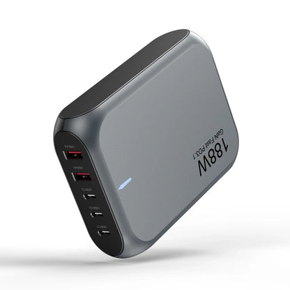 USP 188W Five Ports USB-C PD GaN Wall Charger Black - 3x USB-C, 2x USB-A, Efficient, High Quality, Tablet, Laptop,Watch, iPhone, Samsung Galaxy