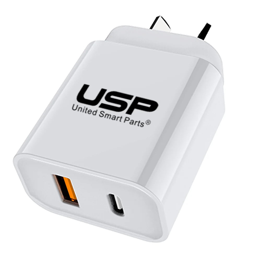 USP 20W Dual Port (20W USB-C PD  18W USB-A QC3.0) Fast Wall Charger White - Safe Charge,Charge 2 Devices Simultaneously,Short-Circuit Protection