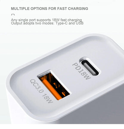 USP 20W Dual Port (20W USB-C PD  18W USB-A QC3.0) Fast Wall Charger White - Safe Charge,Charge 2 Devices Simultaneously,Short-Circuit Protection