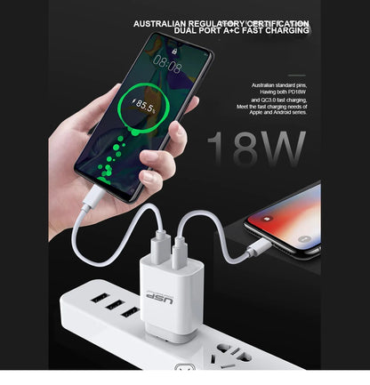 USP 20W Dual Port (20W USB-C PD  18W USB-A QC3.0) Fast Wall Charger White - Safe Charge,Charge 2 Devices Simultaneously,Short-Circuit Protection