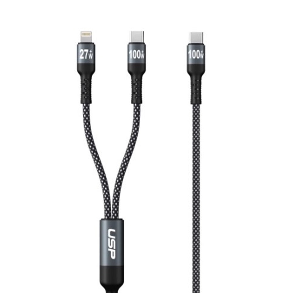 USP Braided 2-in-1 USB-C to Lighting (27W)  USB-C (100W) Super Fast Charging Cable (1.2M) Black - High Speed Charging