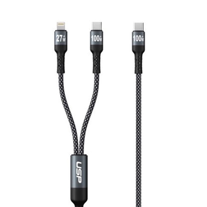 USP Braided 2-in-1 USB-C to Lighting (27W)  USB-C (100W) Super Fast Charging Cable (1.2M) Black - High Speed Charging