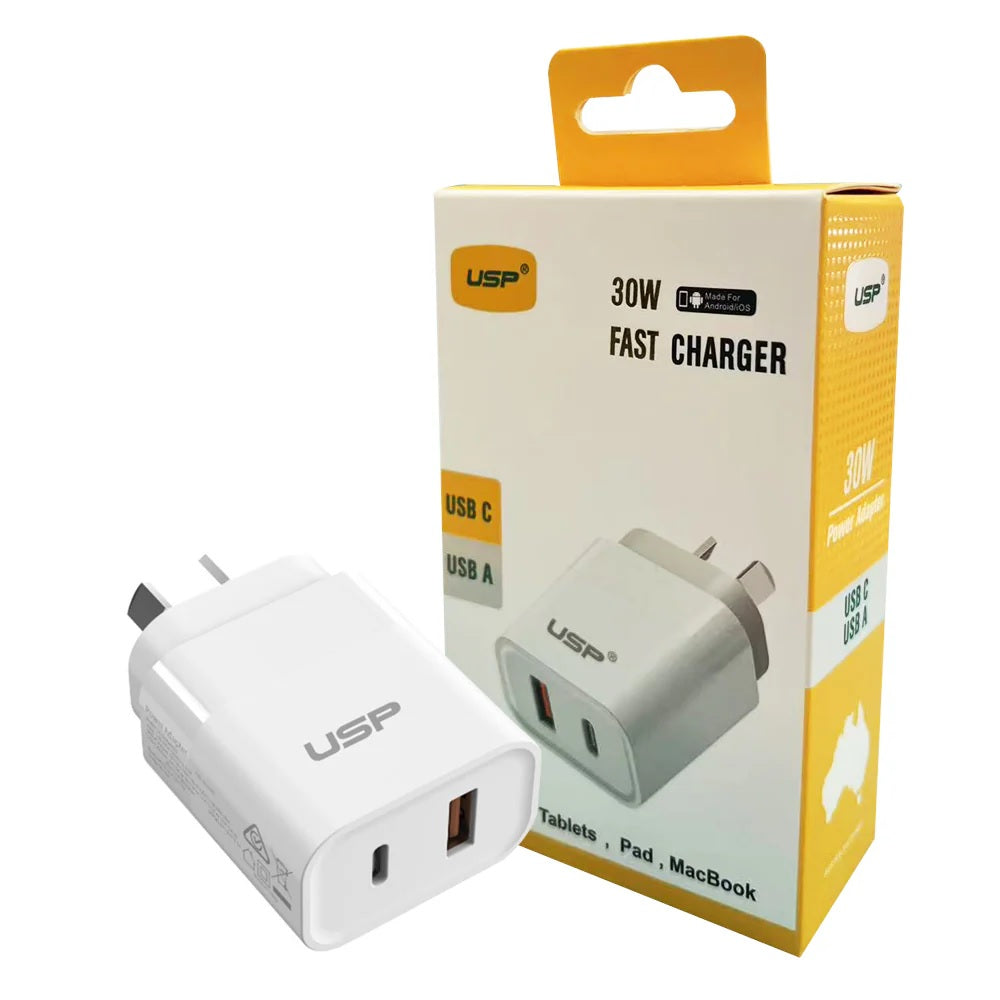 USP 30W Dual Ports (USB-C PD  USB-A QC3.0) Fast Wall Charger - Safe Charge,Compact, Travel Ready, Charge 2 Devices Simultaneously, FireProof Material