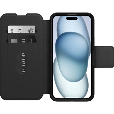 OtterBox Strada MagSafe Apple iPhone 15 Plus (6.7 ft) Case Shadow (Black) - (77-93564), DROP 3X Military Standard,Leather Folio Cover,,7 Years Warranty