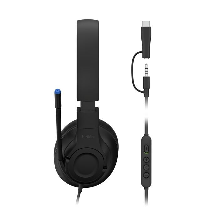 Belkin SoundForm Inspire USB-C Wired Over-Ear Headset for Kids - Black (AUD007fqBK), 85db Volume, 3.5mm, Safe Sound for Kids, 2 Years Warranty