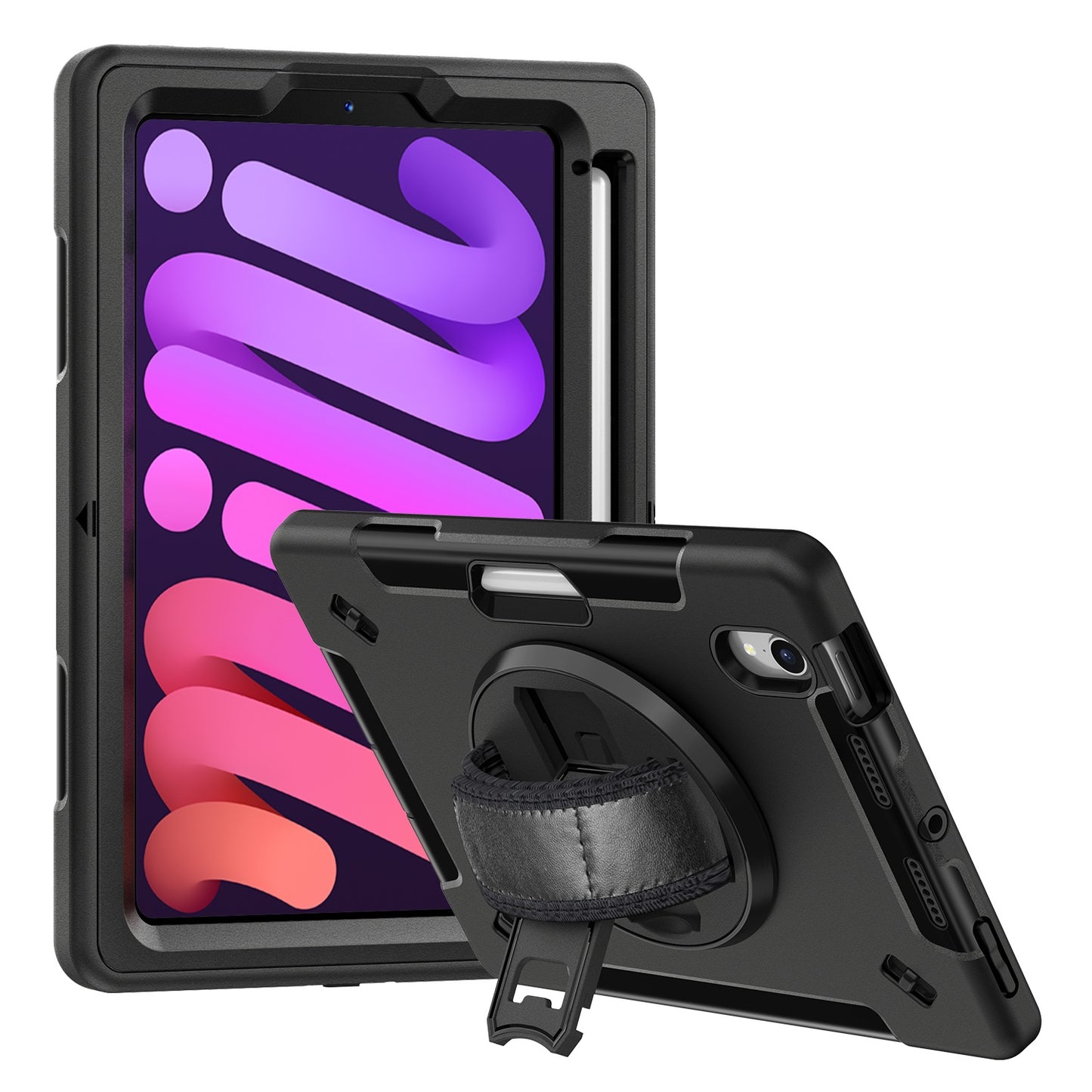 USP Rugged Apple iPad Mini A17 Pro (7th Gen)  iPad Mini (8.3 ft) (6th Gen) Case with Sling Black-Built-in-Kickstand,Adjustable Hand Strap,Shoulder Strap