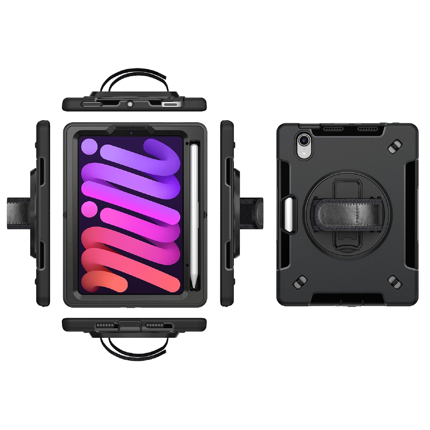 USP Rugged Apple iPad Mini A17 Pro (7th Gen)  iPad Mini (8.3 ft) (6th Gen) Case with Sling Black-Built-in-Kickstand,Adjustable Hand Strap,Shoulder Strap