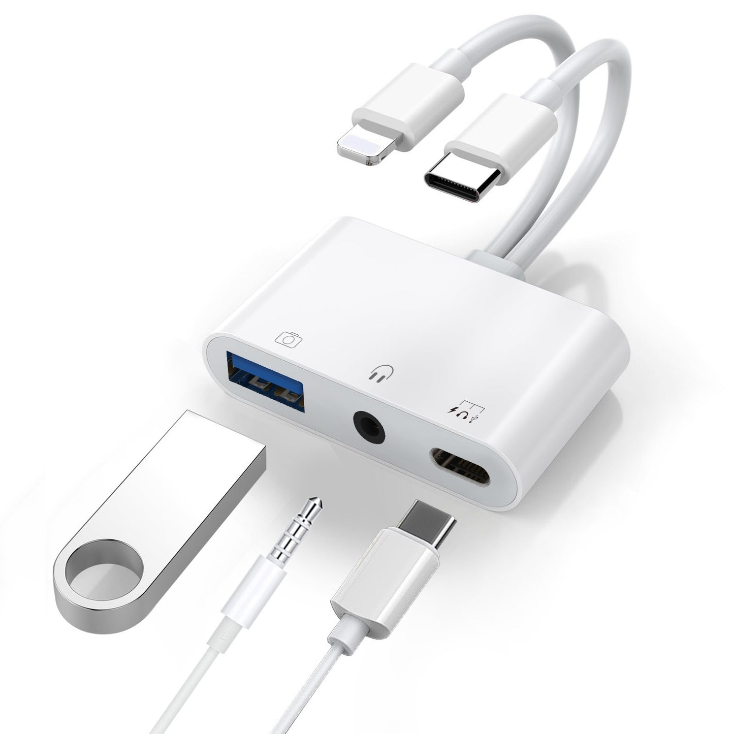 Generic Lightning USB-C to USB Adapter features a USB OTG Port, 3.5mm Headphone Jack  Fast-charging Port
