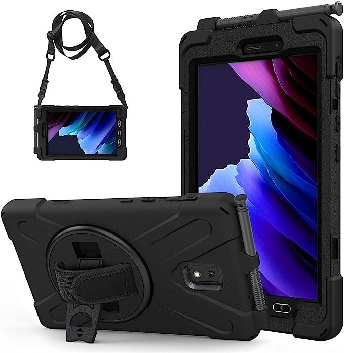 USP Rugged Samsung Galaxy Tab Active5   Tab Active3 (8 ft) Case Black - Built-in-Kickstand, Adjustable Hand Strap, Shoulder Strap, Pen Holder