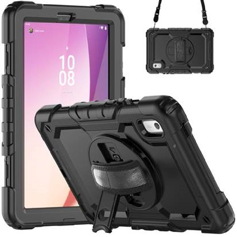 USP Rugged Lenovo Tab M9 (9 ft) Case  Screen Protector Black - Built-in-Kickstand, Adjustable Hand Strap, Shoulder Strap, Reinforced Corners