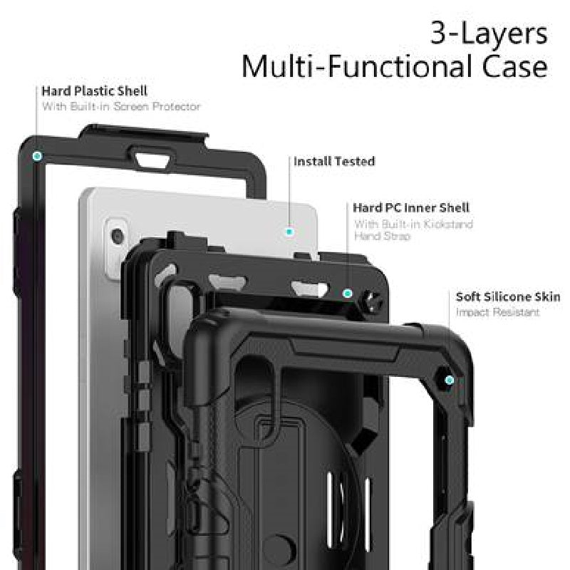 USP Rugged Lenovo Tab M9 (9 ft) Case  Screen Protector Black - Built-in-Kickstand, Adjustable Hand Strap, Shoulder Strap, Reinforced Corners
