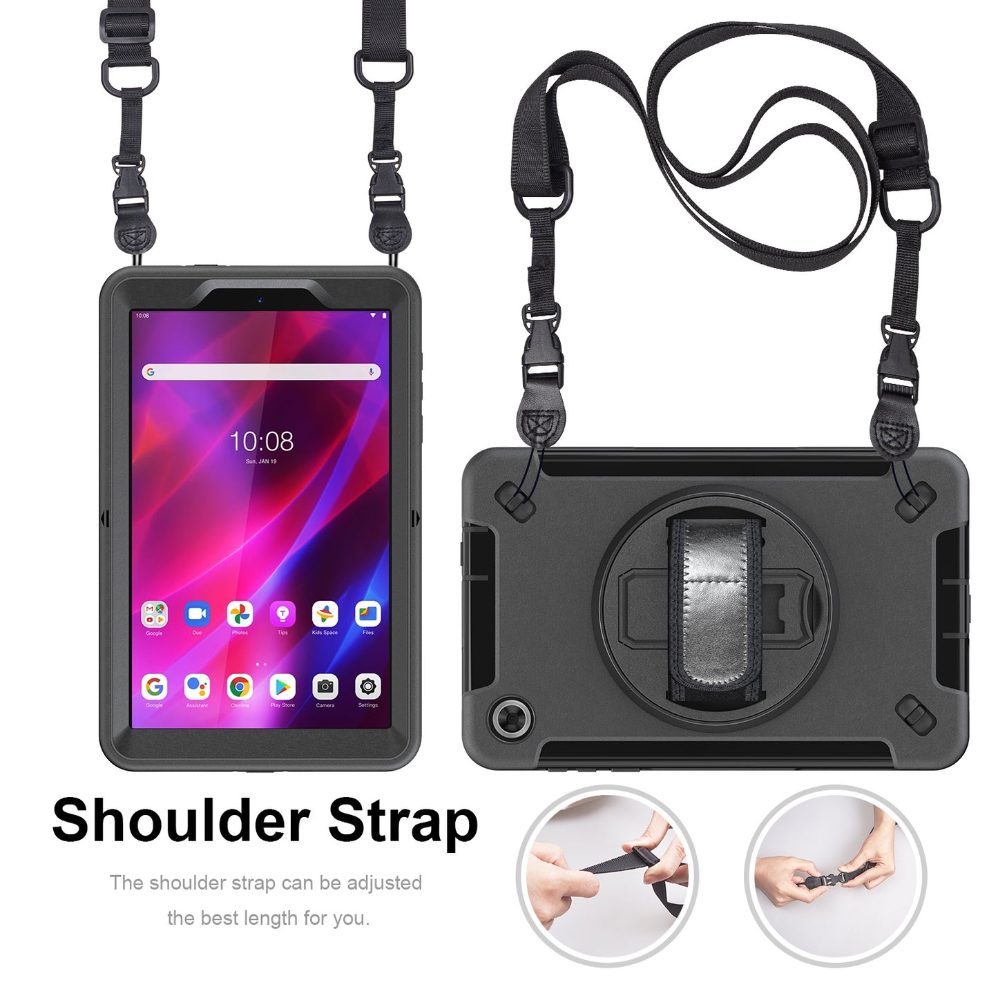 USP Rugged Lenovo Tab M8 (4th Gen) (8 ft) (TB-300) Case  Screen Protector Black - Built-in-Kickstand, Adjustable Hand Strap, Shoulder Strap
