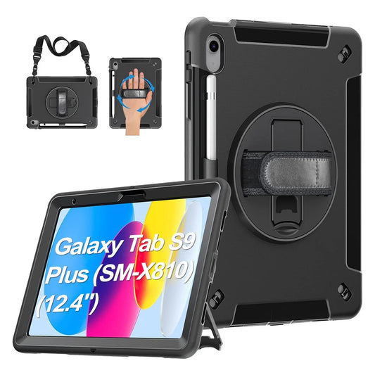 USP Rugged Samsung Galaxy Tab S10  Tab S9  Tab S9 FE (12.4 ft) Case Black - Built-in-Kickstand, Adjustable Hand Strap, Shoulder Strap, Pen Holder