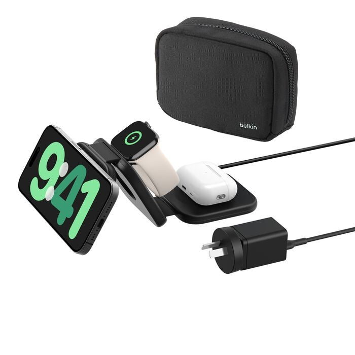 Belkin BoostcCharge Pro 3-in-1 Magnetic Wireless Travel Pad 15W With Qi2 - Black(WIZ024auBK),36W USB-C PSU,1.5m USB-C to USB-C Cable,2 Years Warranty