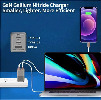 Oxhorn 65W GaN Type C fast Charger 3 Port 2xUSB-C 1xUSB-A PD3.0 QC4.0 PPS AUS Approved C-tick Black with cable