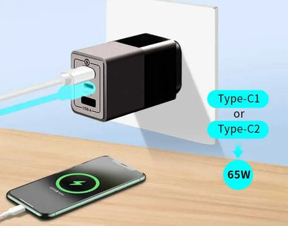 Oxhorn 65W GaN Type C fast Charger 3 Port 2xUSB-C 1xUSB-A PD3.0 QC4.0 PPS AUS Approved C-tick Black with cable