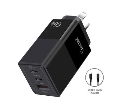 Oxhorn 65W GaN Type C fast Charger 3 Port 2xUSB-C 1xUSB-A PD3.0 QC4.0 PPS AUS Approved C-tick Black with cable