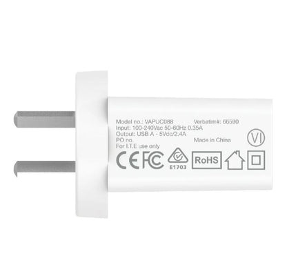 Verbatim USB Charger Single Port 2.4A - White Single Port Wall Charger Rohs, CE, Apple, Android, tablet, Handheld. OC, OV, SS, OT, Fire Resistant.