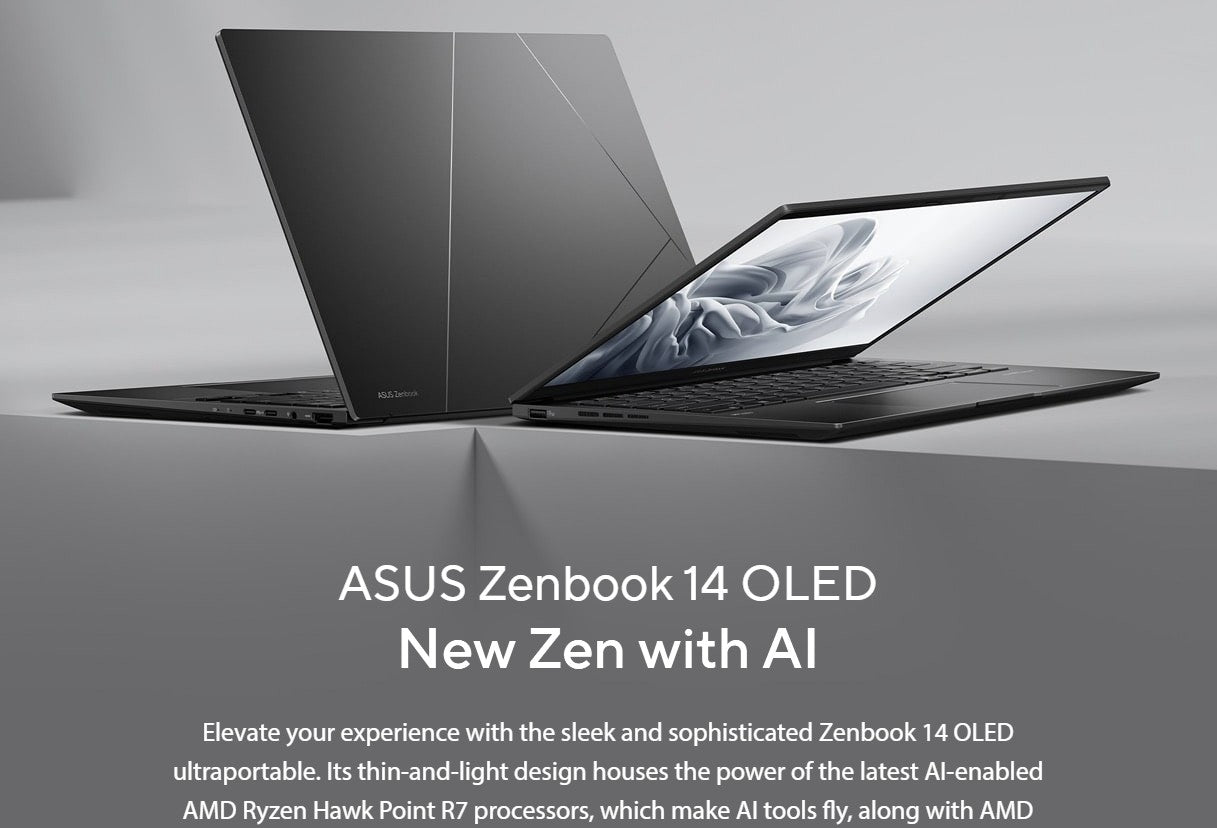 ASUS ZenBook 14 ftAMD AI R7 3K (2880 x 1800) OLED 16:10 LPDDR5X 32GB USB-C Display PD 1TB PCIE G4 Jade Black Win11 Home 1.2kg Notebook