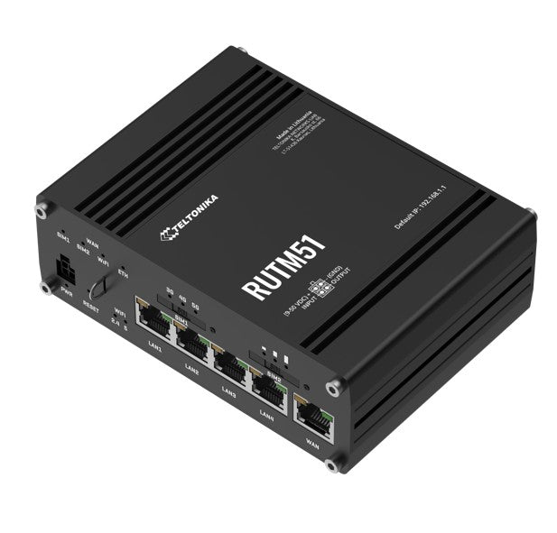 Teltonika RUTM51 Industrial 5G Router, 5G dual SIM cellular, 5 Gigabit Ethernet ports, Dual-Band Wi-Fi, Backward Compatible with 4G, PSU included