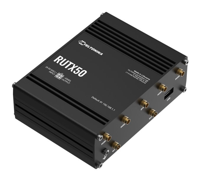 Teltonika RUTX50 Industrial 5G Router, 5G dual SIM cellular, 5 Gigabit Ethernet ports, dual-band WI-Fi, PSU included