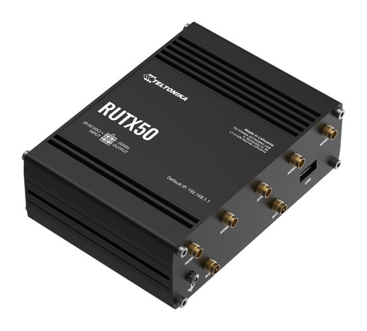 Teltonika RUTX50 Industrial 5G Router, 5G dual SIM cellular, 5 Gigabit Ethernet ports, dual-band WI-Fi, PSU included