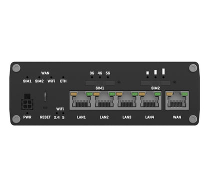 Teltonika RUTX50 Industrial 5G Router, 5G dual SIM cellular, 5 Gigabit Ethernet ports, dual-band WI-Fi, PSU included