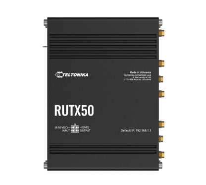 Teltonika RUTX50 Industrial 5G Router, 5G dual SIM cellular, 5 Gigabit Ethernet ports, dual-band WI-Fi, PSU included