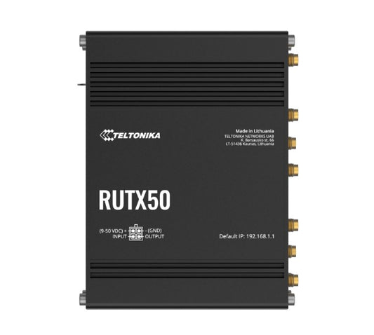 Teltonika RUTX50 Industrial 5G Router, 5G dual SIM cellular, 5 Gigabit Ethernet ports, dual-band WI-Fi, PSU included